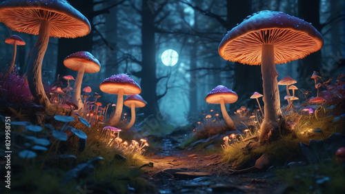 An enchanted forest with glowing mushrooms and mystical creatures under a twilight sky. Generative AI.