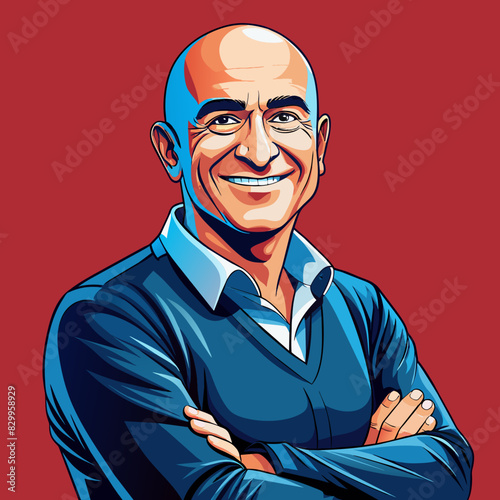 portrait of mature bald man smiling at camera while standing confidently with arms crossed