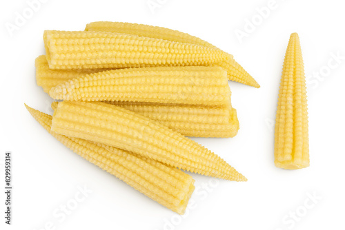 Pickled young baby corn cobs isolated on white background Top view. Flat lay