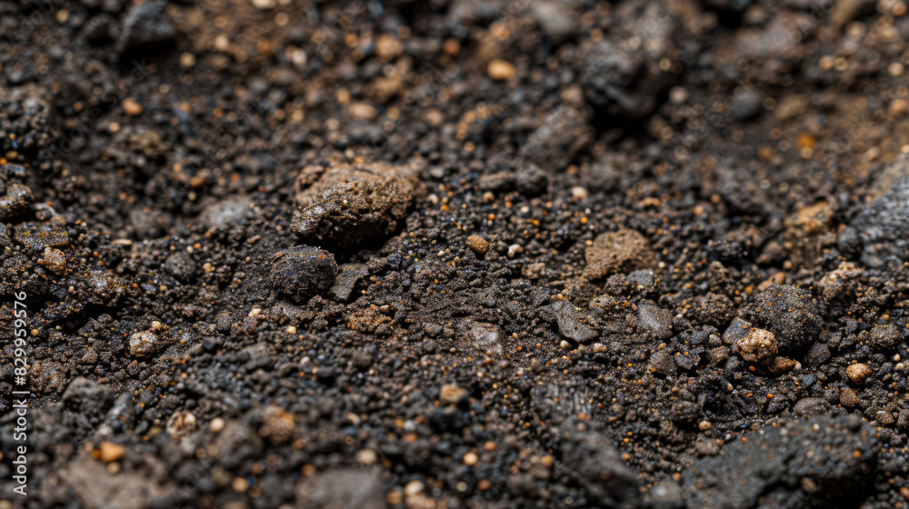 Side view photograph of rich, dark soil, slightly moist with small pebbles and organic matter, taken with a macro lens for high detail, natural lighting, photorealistic quality Side view photograph of rich, dark soil, slightly moist with small pebbles and organic matter, taken with a macro lens for high detail, natural lighting, photorealistic quality