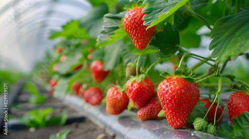 Pollination by bee, dutch glass greenhouse, cultivation of strawberries, rows with growing strawberries plants isolated on white background, cinematic, png 
