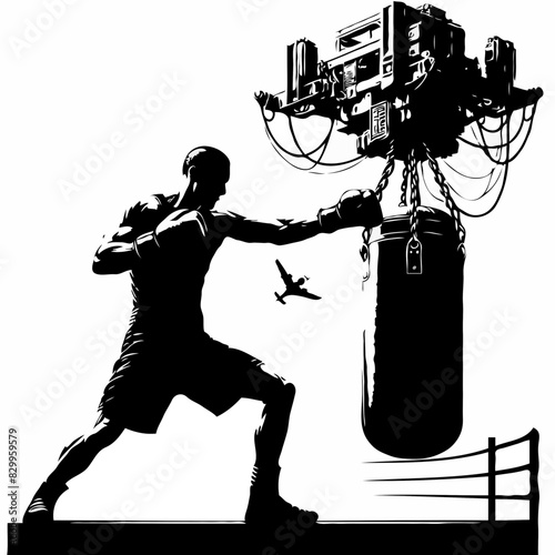 Strength in Motion: Black and White Illustration of a Man Training with a Punching Bag