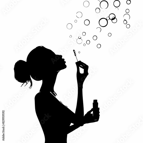 Bubbles of Joy: Minimalist Black and White Vector Art of a Young Woman Blowing Bubbles with Playful Elegance