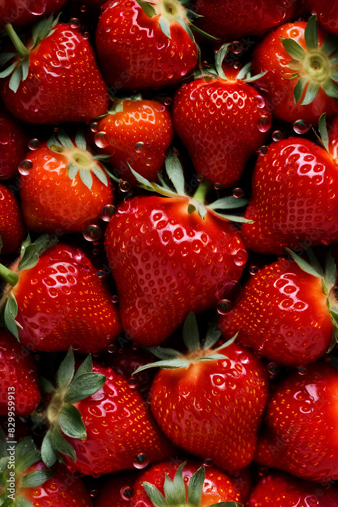 background image of ripe red strawberries with water drops. fllat lay. close up. digital artwork. Ai generated. background image of ripe red strawberries with water drops. fllat lay. close up. digital artwork. Ai generated.