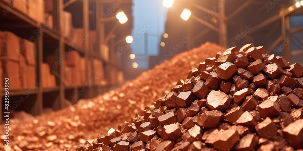Piles of copper ore in a with warm lighting and a blurred background