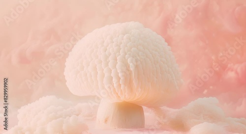 Fungal Elegance Lion's Mane Mushroom (Hericium erinaceus) on Pastel Background, Revealing Beauty in Soft Hues
 photo