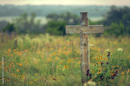 Solitary wooden cross in a wideopen field, representing a Memorial Day tribute selective focus, peaceful remembrance, surreal, overlay with a wildflower meadow backdrop photo