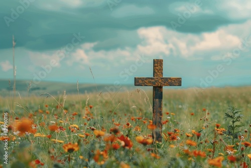Solitary wooden cross in a wideopen field, representing a Memorial Day tribute selective focus, peaceful remembrance, surreal, overlay with a wildflower meadow backdrop photo
