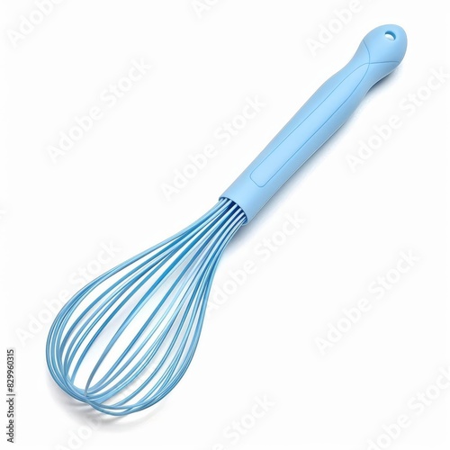 Plastic whisk with a lightweight, matte finish in pastel blue, isolated solid white background of, without shadow, single object, detailed, PNG dicut style