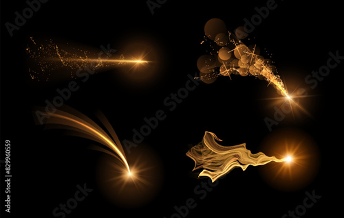 Shooting star with glittering dust and sparkles trace trail vector set, orange fireball flash with shimmery glow motion