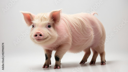 A piglet is resting on the ground, with its front legs in front of him and its head turned slightly to the right.  photo