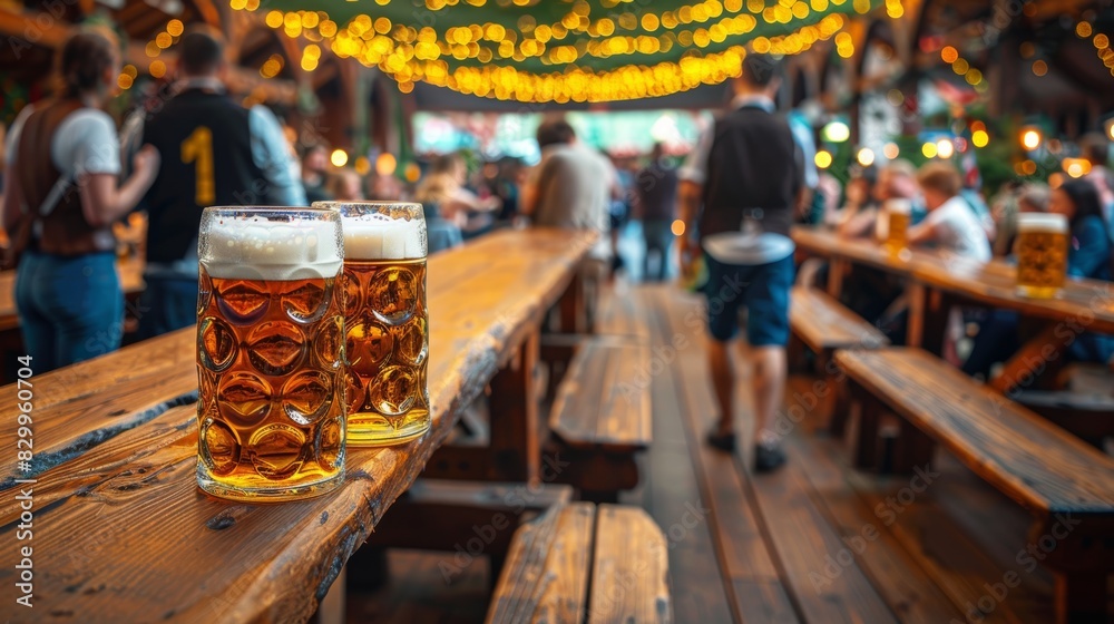 Oktoberfest, munich. Beer mugs on table, People drinking beer and having fun, tent interior. Oktoberfest, munich. Beer mugs on table, People drinking beer and having fun, tent interior.
