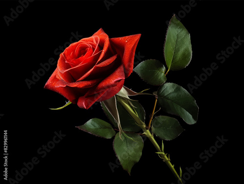 A red rose blooming isolated on a black background. Rose flower is symbol of love, desire, romance, and gifts for anniversaries or Valentine's Day