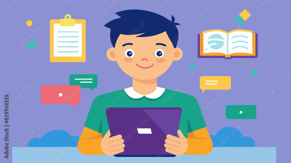 A student who struggled with traditional learning ods found success and enjoyment in using an interactive tablet for personalized lessons.. Vector illustration A student who struggled with traditional learning ods found success and enjoyment in using an interactive tablet for personalized lessons.. Vector illustration