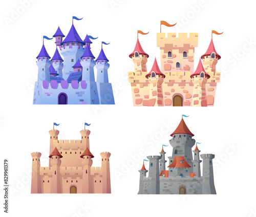 Medieval castle towers vector set, fairytale mansion, vintage king fortress castles and stone palace, ancient kingdom
