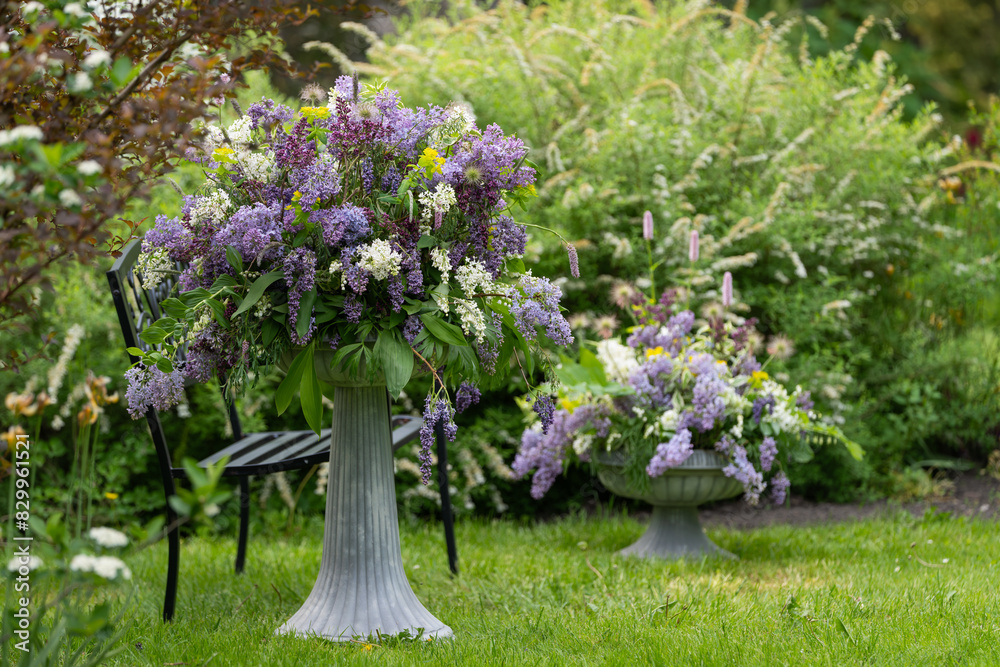 Luxurious bouquet of white, light and deep violet lilac in a vintage vase. Art photography nature, flowers, still life for wall pictures and wall posters Luxurious bouquet of white, light and deep violet lilac in a vintage vase. Art photography nature, flowers, still life for wall pictures and wall posters