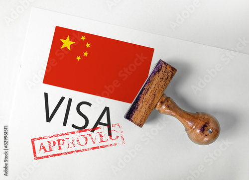 Canvas Print China Visa Approved with Rubber Stamp and flag