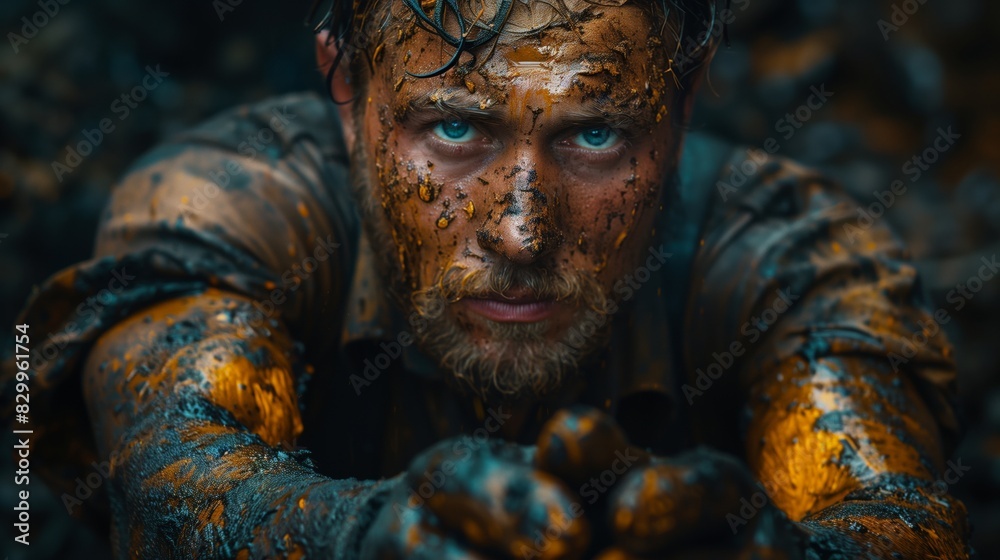 Oil industry worker, whose face and hands are speckled with oil Oil industry worker, whose face and hands are speckled with oil