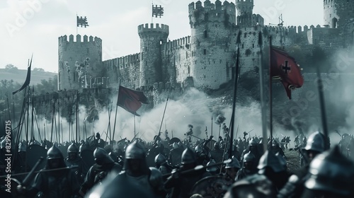 A dramatic reenactment of a medieval battle scene with knights and castles