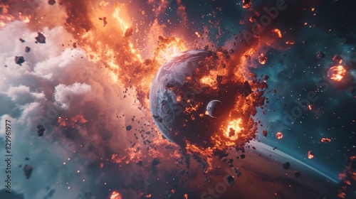 A breathtaking depiction of a planet explosion, with fiery bursts of energy erupting from its surface, creating a cataclysmic scene of destruction and chaos in the depths of space