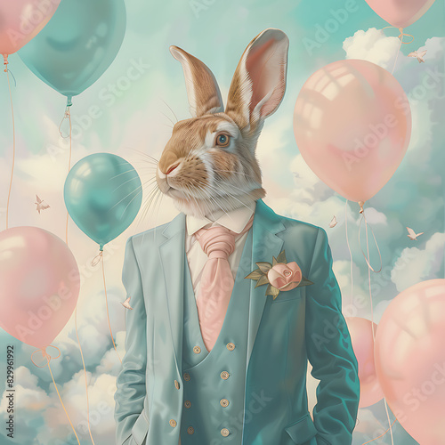 rabbit businessman in balloon party.Generative AI photo
