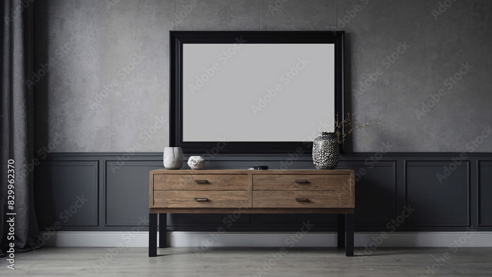 Grey gallery room interior with drawer and decoration, mockup frame, photo frame Grey gallery room interior with drawer and decoration, mockup frame, photo frame