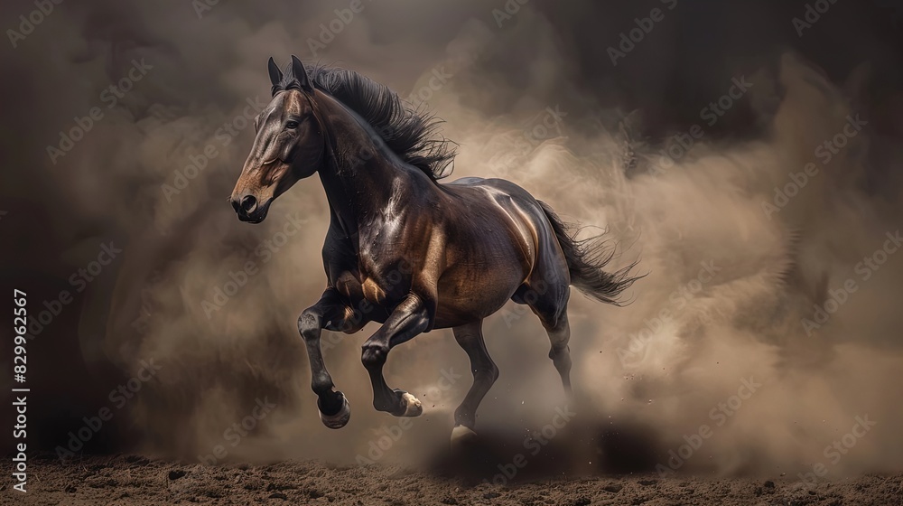 Galloping horse kicking up dust in motion. Dynamic studio action shot. Strength and speed concept. Design for poster, wallpaper, banner. Galloping horse kicking up dust in motion. Dynamic studio action shot. Strength and speed concept. Design for poster, wallpaper, banner.