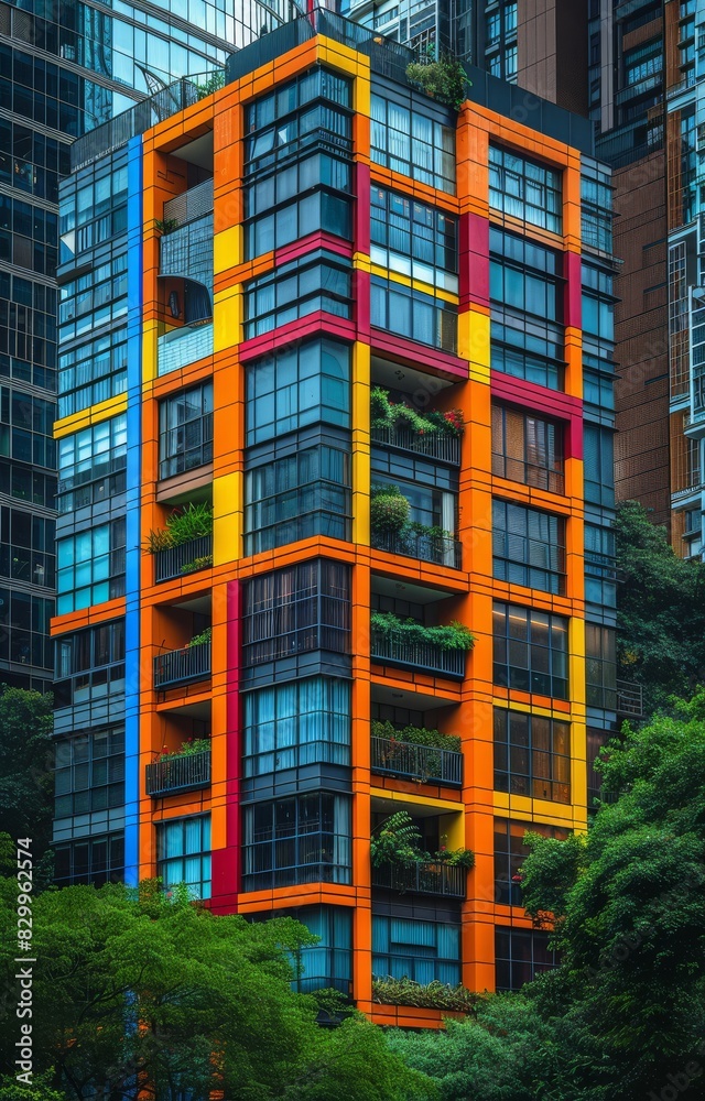 Fototapeta premium Brightly colored modern skyscraper architecture in the rain forest created with Generative AI technology