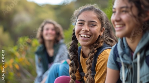 Mindful digital wellness retreat for teens, showcasing teenagers disconnecting from screens and engaging in outdoor activities like camping and storytelling, in a supportive peer environment photo