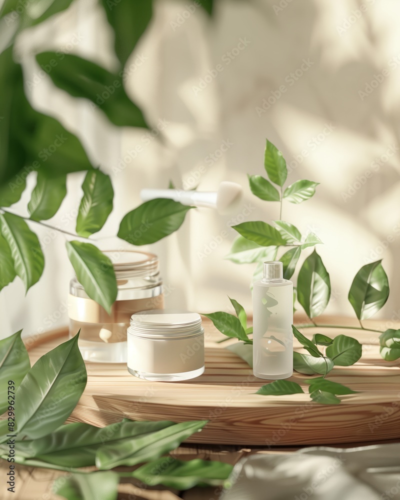 Natural Skincare Products with Green Leaves on Wooden Tray in Sunlit Setting Natural Skincare Products with Green Leaves on Wooden Tray in Sunlit Setting