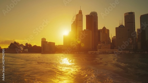 imagine a golden hour shot of Sydney s skyline  with the sunlight reflecting off skyscrapers and the harbor  casting a warm  golden glow --ar 16 9 --style raw 