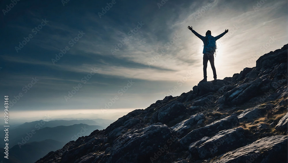 A lone person stands on top of a big mountain with hands towards the sky as to celebrate their achievement