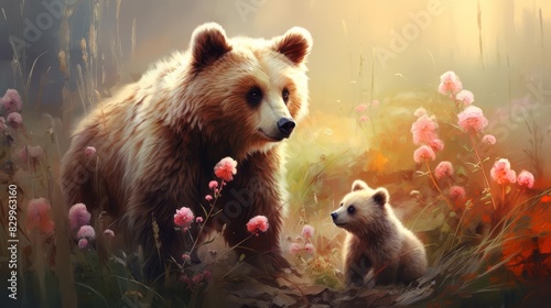 A heartwarming scene of a bear with its cub in a meadow filled with pink flowers  illuminated by soft sunlight. Nature s beauty captured.