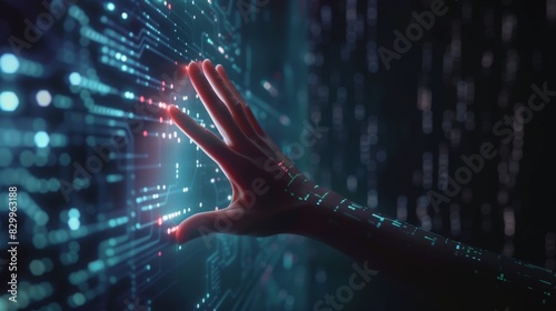 A man's hand reaching out towards a futuristic chatbot interface, symbolizing the potential of technology to bridge global connections and revolutionize human interaction, photo