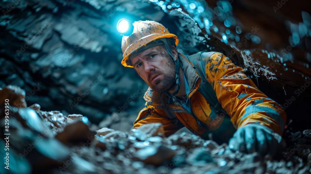 Miner at work, side profile of a miner with headlamp-equipped hard hat in an underground mining environment Miner at work, side profile of a miner with headlamp-equipped hard hat in an underground mining environment