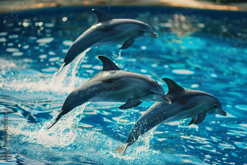 Dolphins jumping above water in the swimming pool