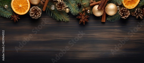 A festive Christmas greeting card featuring elements like fir branches wooden jingle bell baubles handmade straw decorations and dried orange slices It provides a copy space area for additional conte photo
