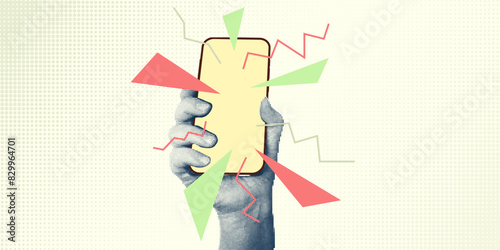Collage with halftone style hands hold smartphone Minimalist metaphor concept finance-themed, mobile applications, online sales, social media. Idea for web banner Cutouts magazine. Vector illustration