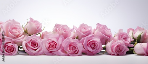 A lovely arrangement of pink roses displayed against a clean white backdrop with ample copy space for images