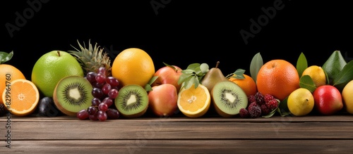 A copy space image featuring a delicious assortment of fruits including oranges kiwis apples and limes arranged on a wooden table Promoting the concept of healthy eating