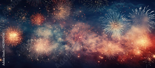 A firework display at night creates an abstract background with ample space for adding text or other elements