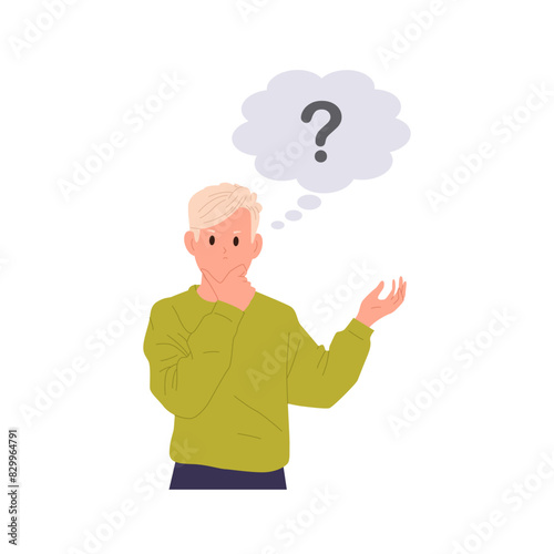 Thoughtful discouraged teenage boy child cartoon character question mark sign isolated on white