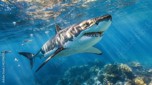 Great White Shark Swimming in Clear Blue Ocean Waters with Coral Reefs and Small Fish, Perfect for Marine Life Posters