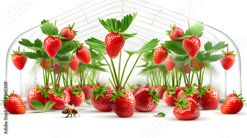 Pollination by bee, dutch glass greenhouse, cultivation of strawberries, rows with growing strawberries plants isolated on white background, realistic, png
