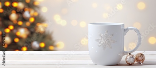 Front view of a 10oz white ceramic tea mug mockup adorned with winter xmas decorations offering ample copy space for your personalized design The background is perfect for creating captivating Christm photo