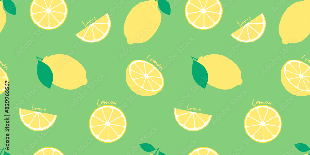Seamless vector pattern of lemons with leaves and lemon slices. Summer background, for fabrics, wrapping paper, coatings.