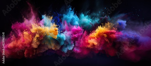 Freeze motion of multicolored glitter texture splattering in an abstract powder explosion on a black background creating a vibrant copy space image