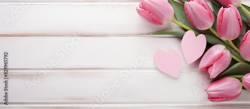 A pink tulip and heart themed Valentine s Day image against a white wooden background allowing space for text. with copy space image. Place for adding text or design #829965792