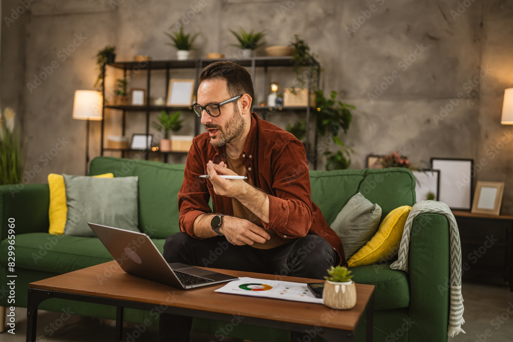 Adult man work from home and have consultation via video call Adult man work from home and have consultation via video call