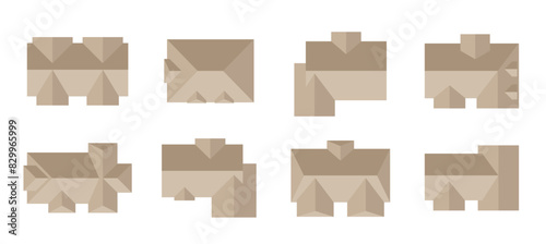 set of Houses and Buildings top view. Isolated elements for design of city, town, village, country plans. Objects to the map view from above. Top view for design . Vector illustration in flat style